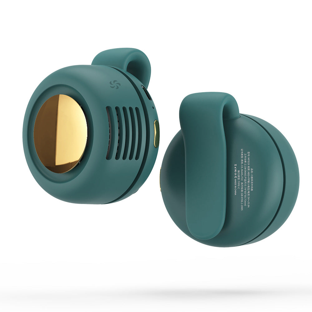 Green bladeless clip-on neck fan pair view, front grille and back shell