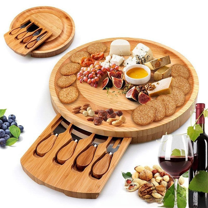 Sun Lake Supply Bamboo Cheese & Charcuterie Board Circular Drawer Space Saving Design