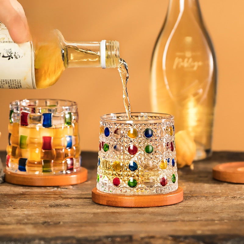 Rotating Pattern Whiskey Glass with Wooden Base