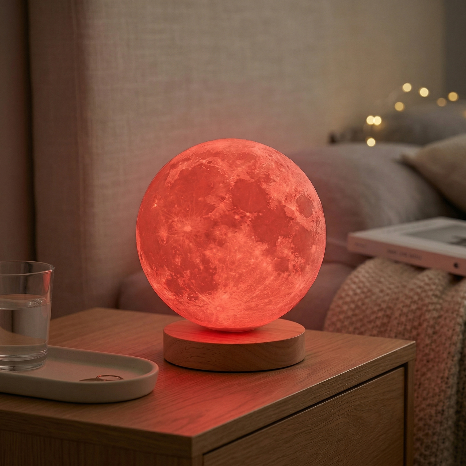 RGB moon lamp with red glow on a wooden base