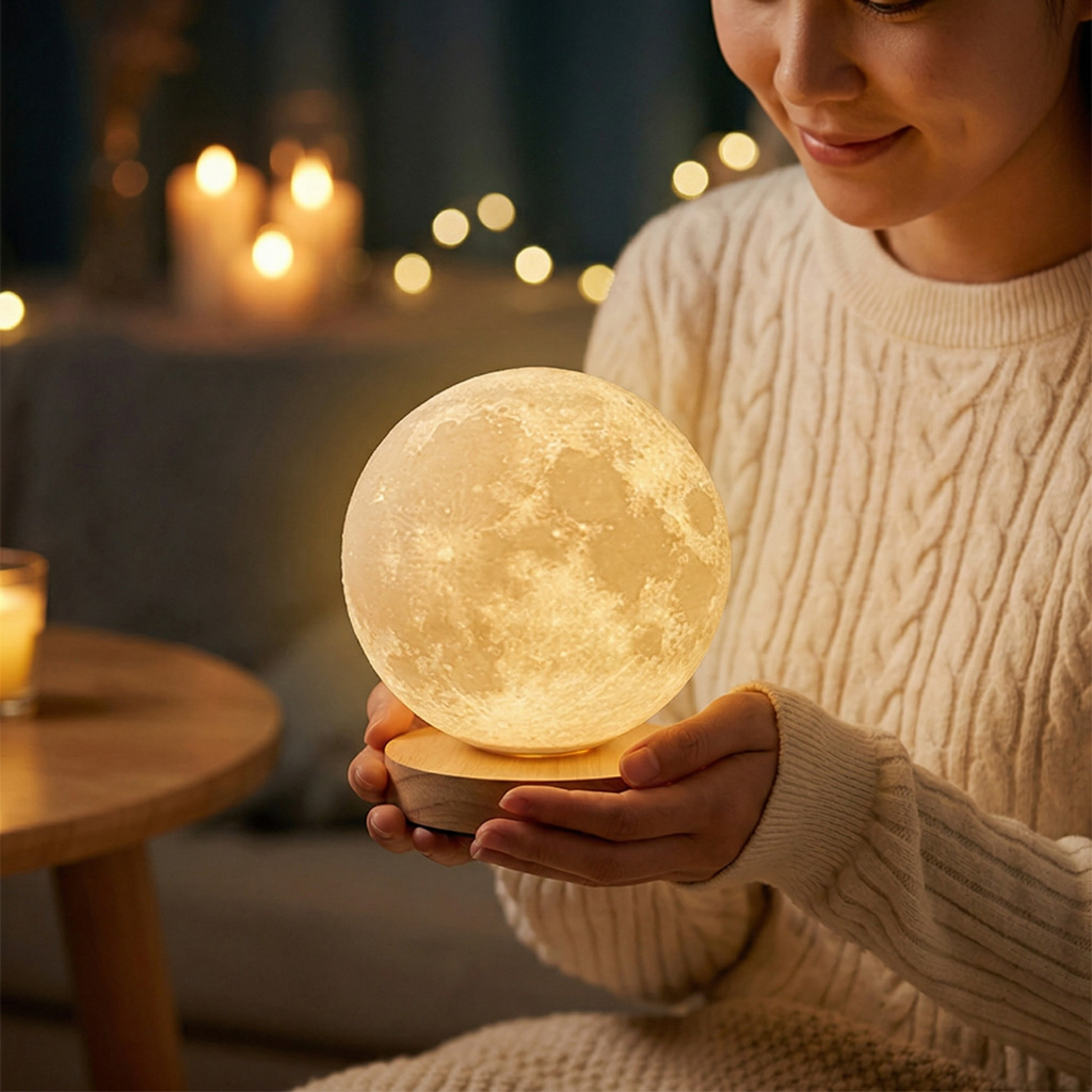 3-Color 18cm Moon Lamp – warm white glow, 360° rotating base, remote
