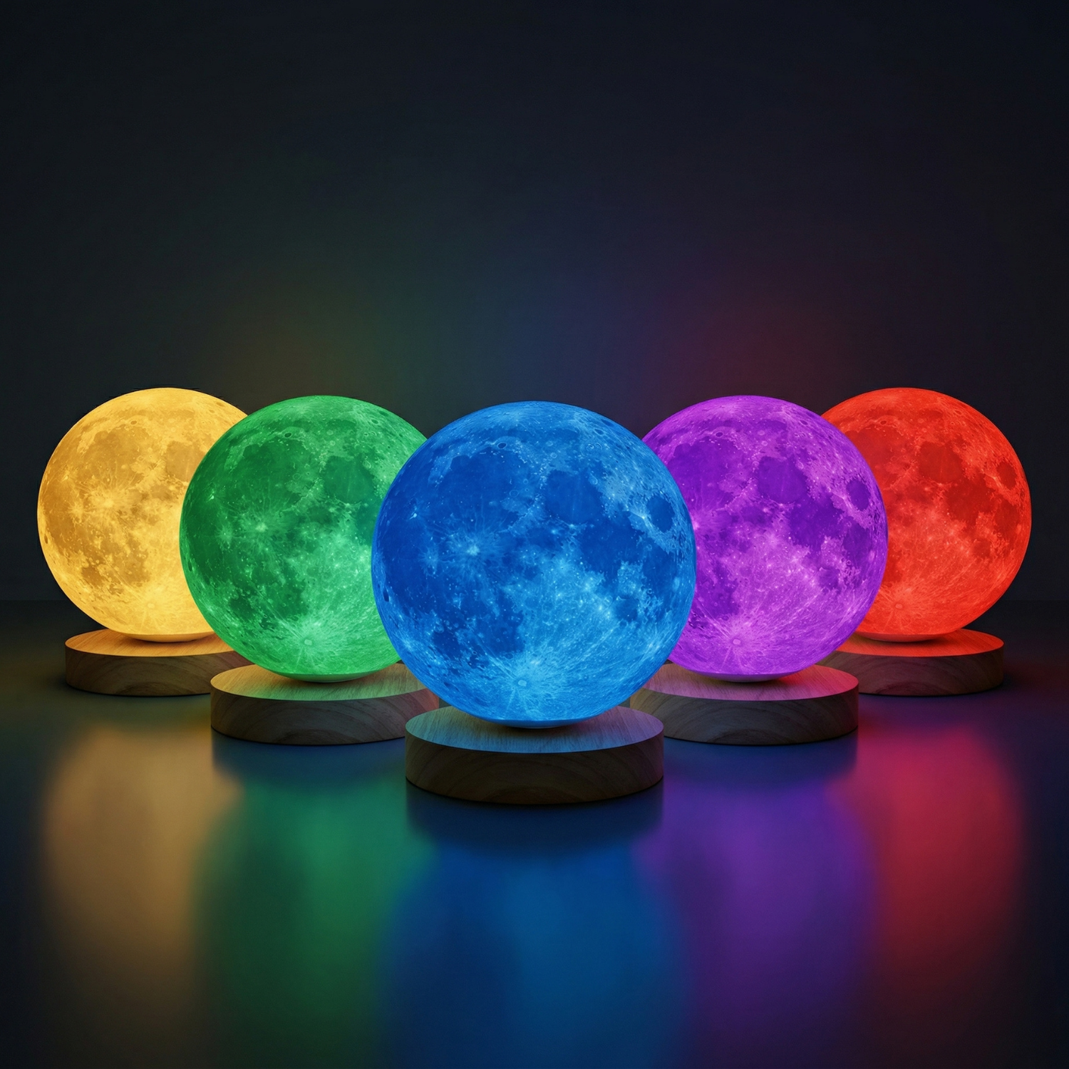 Moon lamp set showing multiple RGB colors on wooden bases