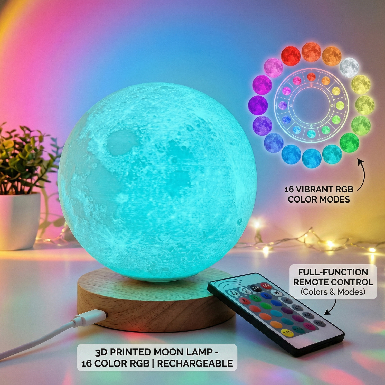 18cm 3D Moon Lamp with 360° Rotation – LED Night Light, Remote Control, 3-Color Warm White & 16-Color RGB Multicolor Bedside Lamp