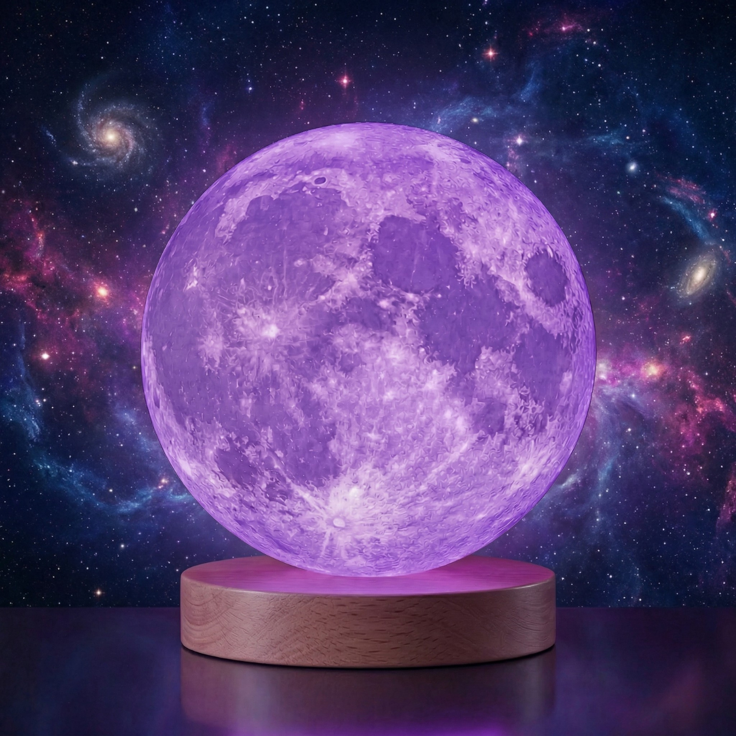 RGB moon lamp with purple glow on a wooden base