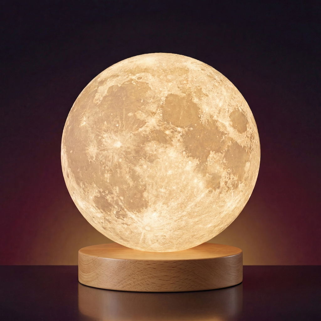 Close-up 3D moon lamp with warm amber light on wooden base