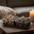 Two-section snack bowl with lid and tray, clear diamond-cut serving compartments