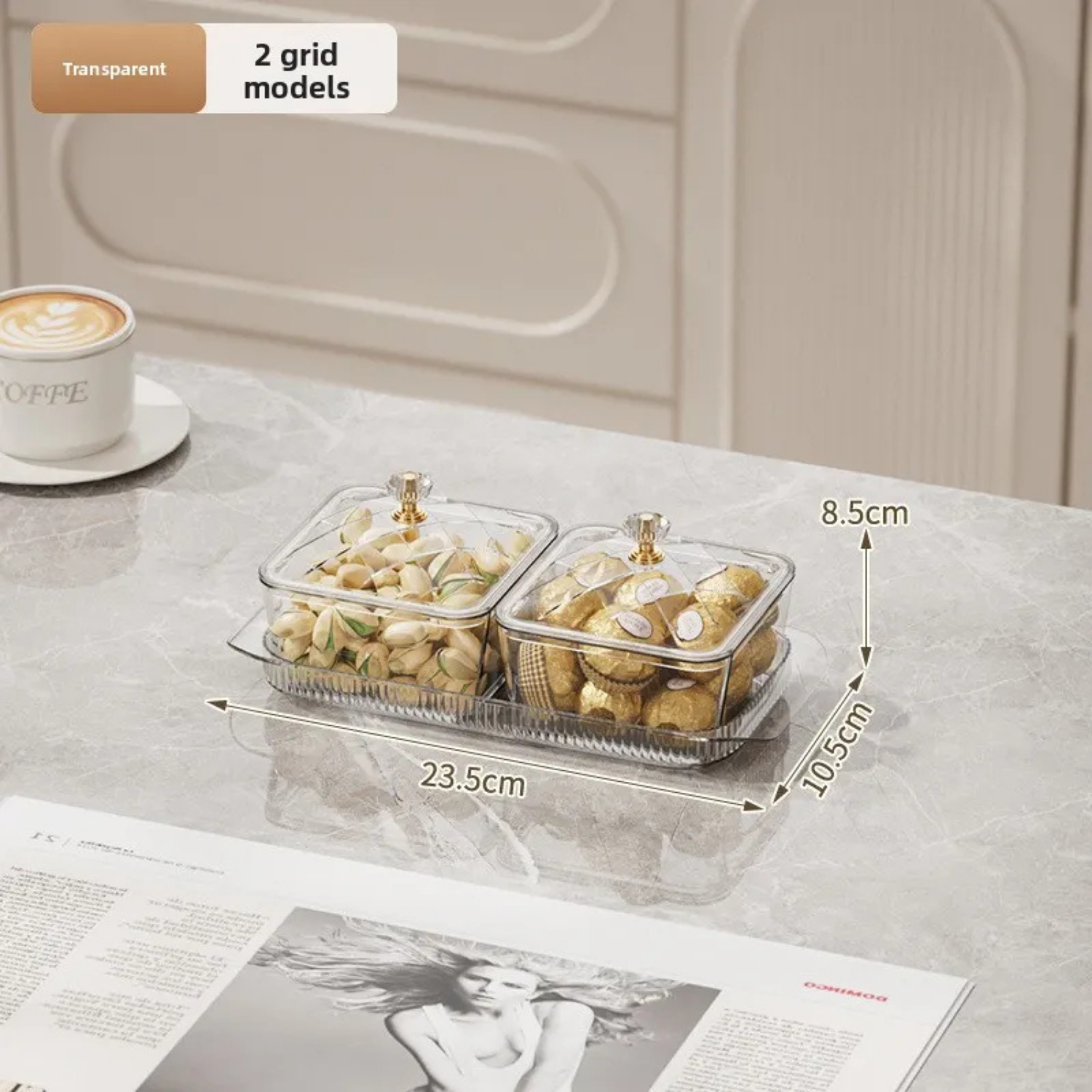 Two-section snack bowl with lid and tray, transparent diamond-cut compartments