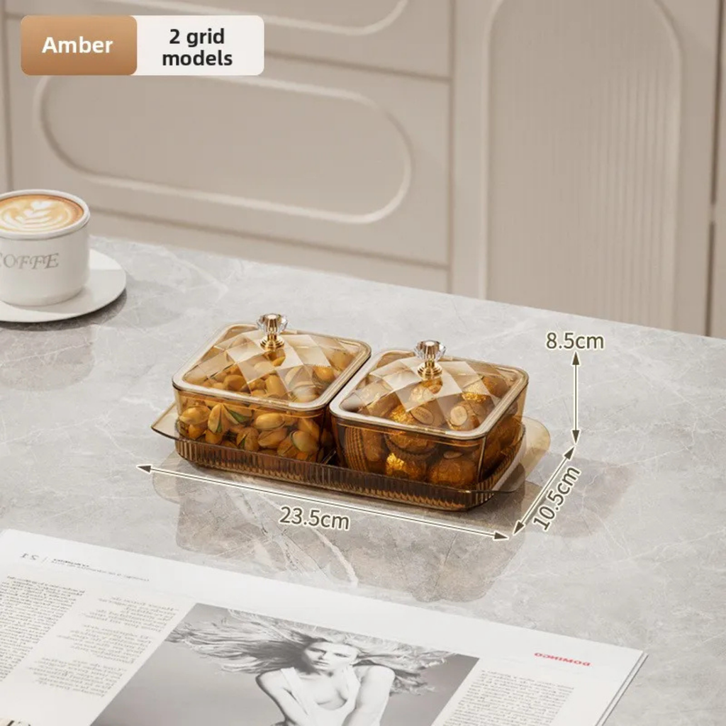 Two-section snack bowl with lid and tray, amber diamond-cut compartments