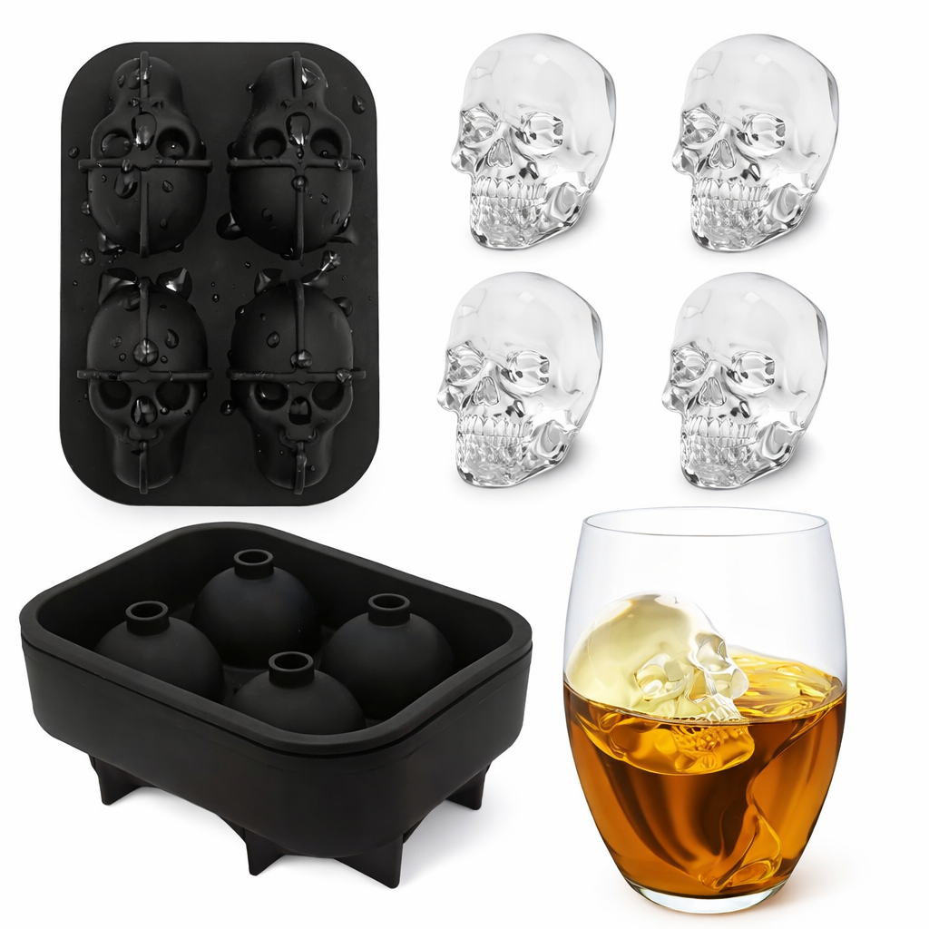 Skull Ice Cube Mold Tray - 3D Skull Ice Maker for Whiskey, Bourbon, Cocktails & Halloween Drinks