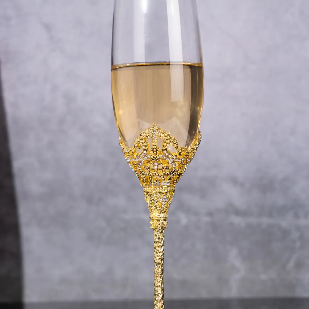 Luxury Crystal Champagne Glasses Set of 2 | Ornate Zinc Alloy Stem Toasting Flutes with Gift Box | Gold Silver Rose Gold Wedding Gift