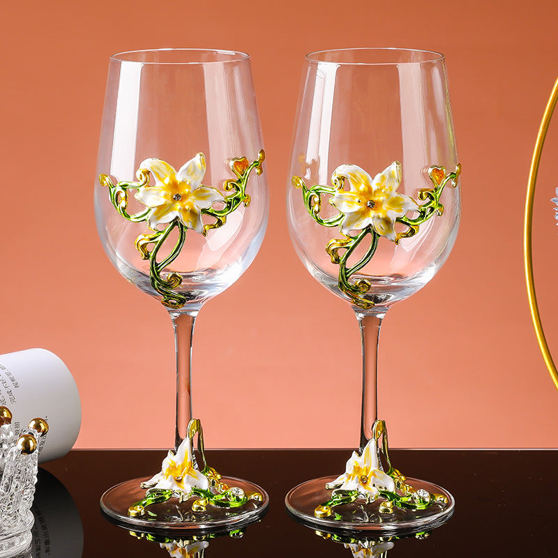 Sun Lake Supply Floral Enamel Designed Wine Glass Set