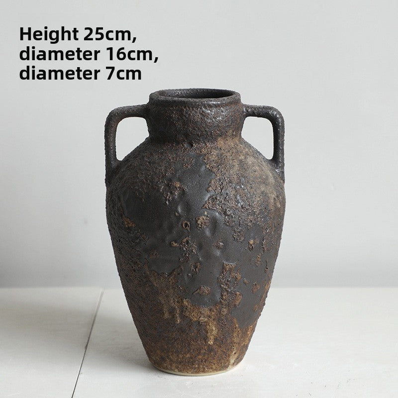 Sun Lake Supply Wabi-Sabi Ceramic Vase Rustic Handle Urn Textured Decorative Vase