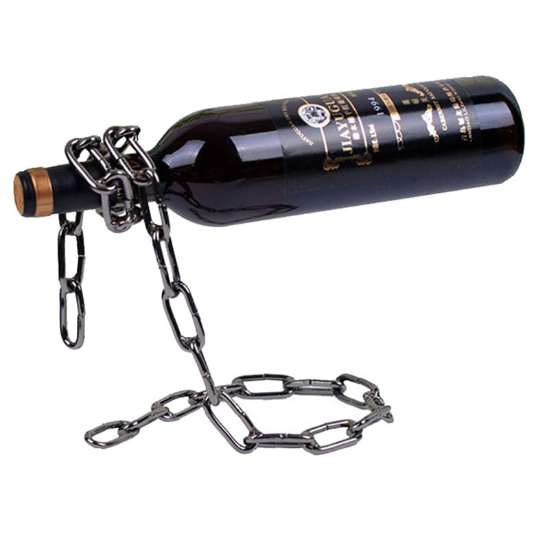 Wine bottle holder stand with stainless steel chain holding a dark wine bottle