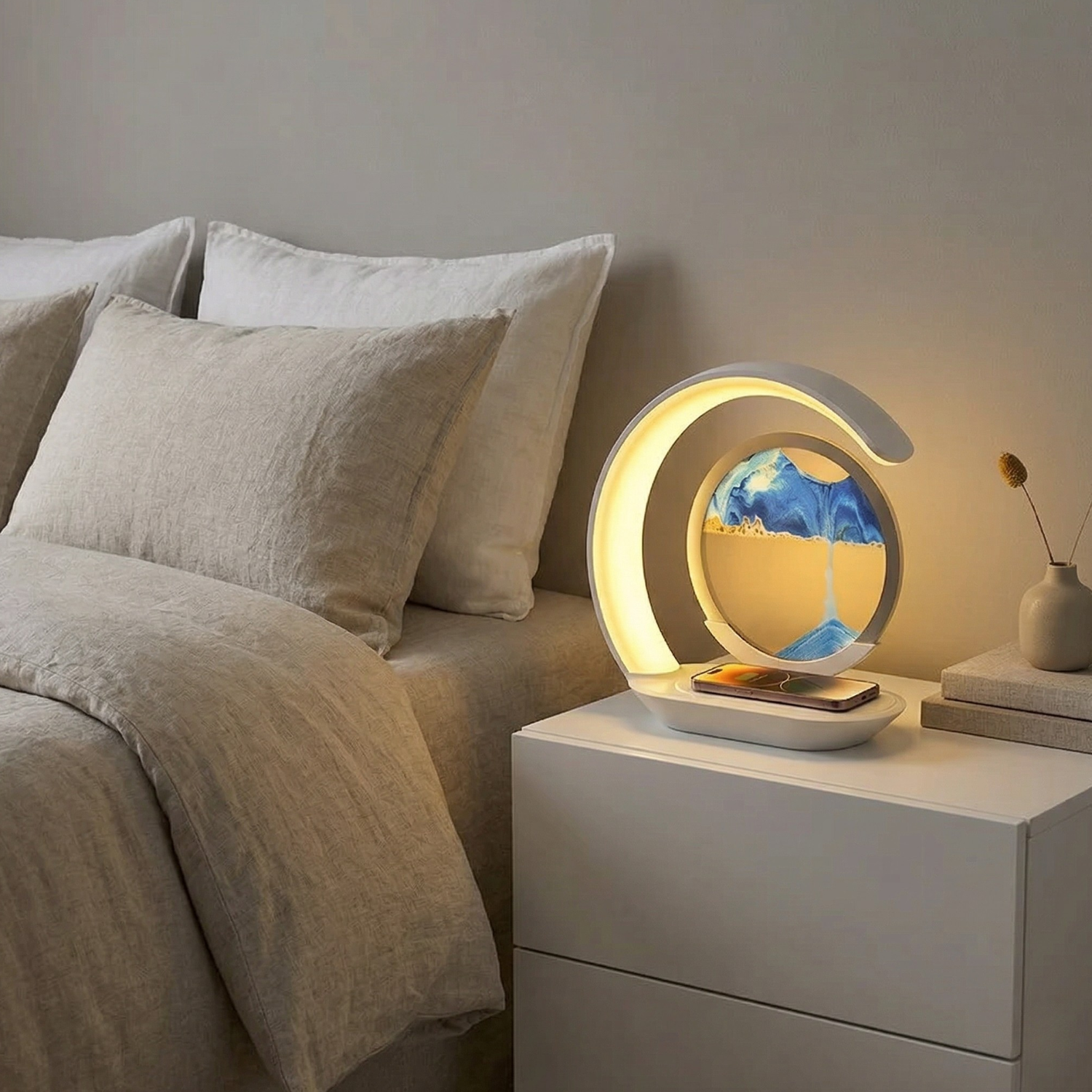 3D Sand Art Lamp with Wireless Charging Pad | LED Night Light USB Desk Lamp | Touch Control | 15W Fast Charge | Home Decor Gift