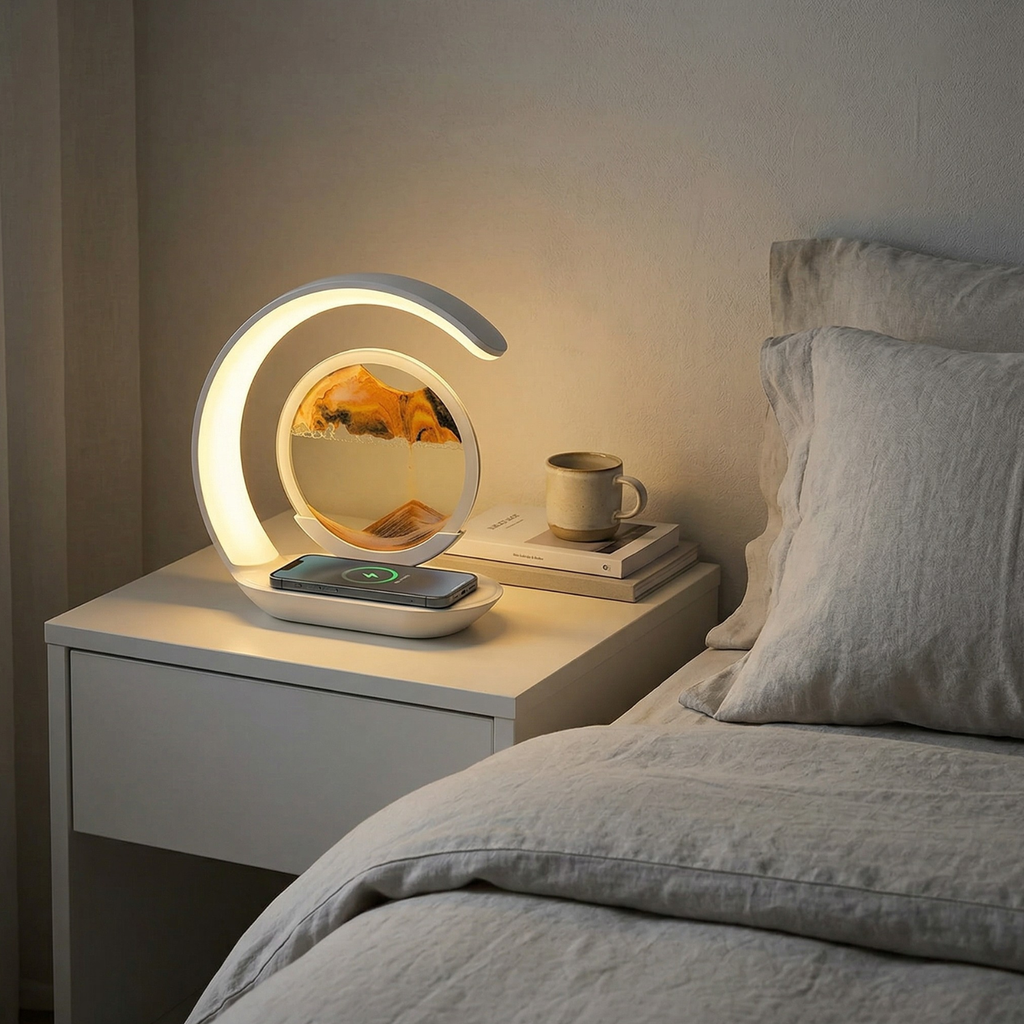 Modern nightstand sand lamp on a bedside table with a cozy bedroom setting.