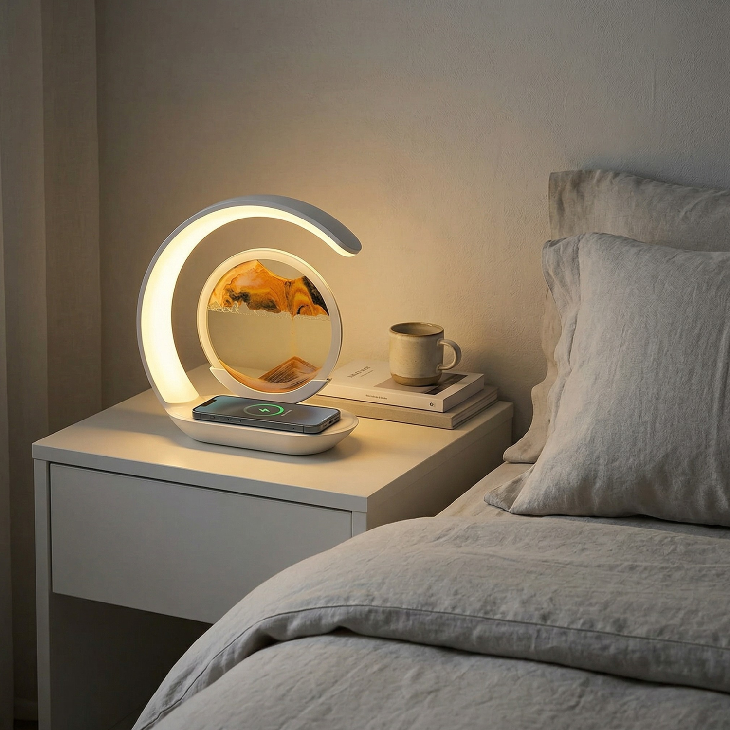 Modern nightstand sand lamp on a bedside table with a cozy bedroom setting.