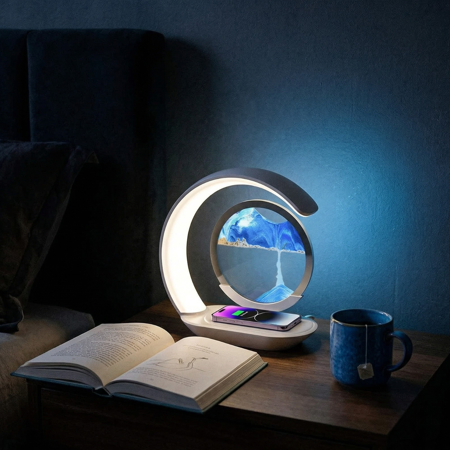 3D Sand Art Lamp with Wireless Charging Pad | LED Night Light USB Desk Lamp | Touch Control | 15W Fast Charge | Home Decor Gift