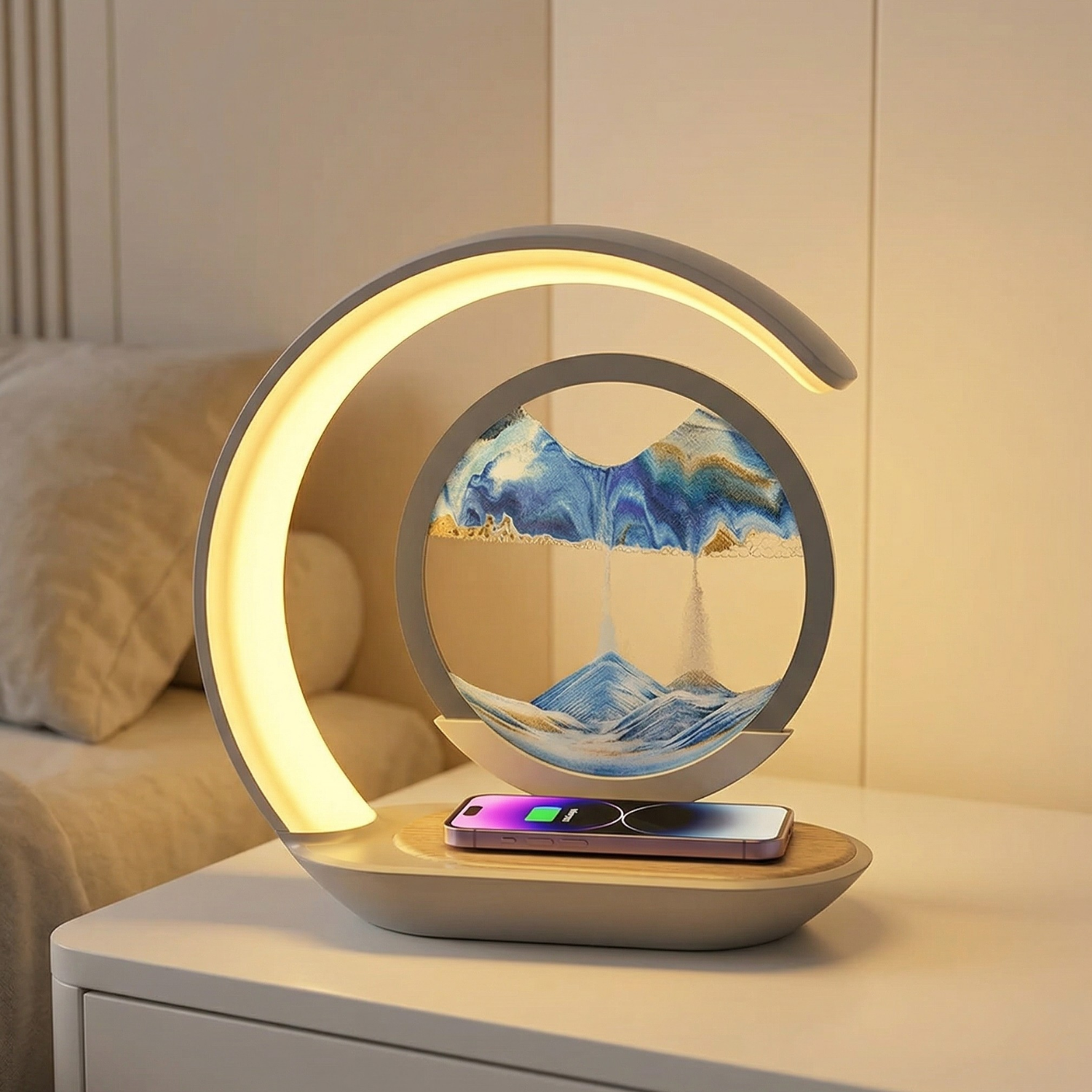 3D Sand Art Lamp with Wireless Charging Pad | LED Night Light USB Desk Lamp | Touch Control | 15W Fast Charge | Home Decor Gift
