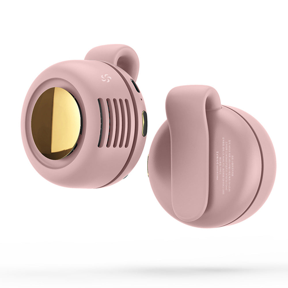 Pink bladeless clip-on neck fan pair view, front grille and back shell