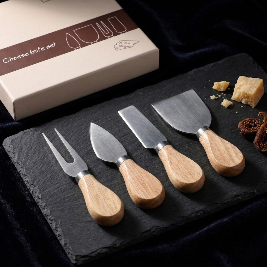 Silver 4-piece cheese knife set with wooden handles and stainless steel blades