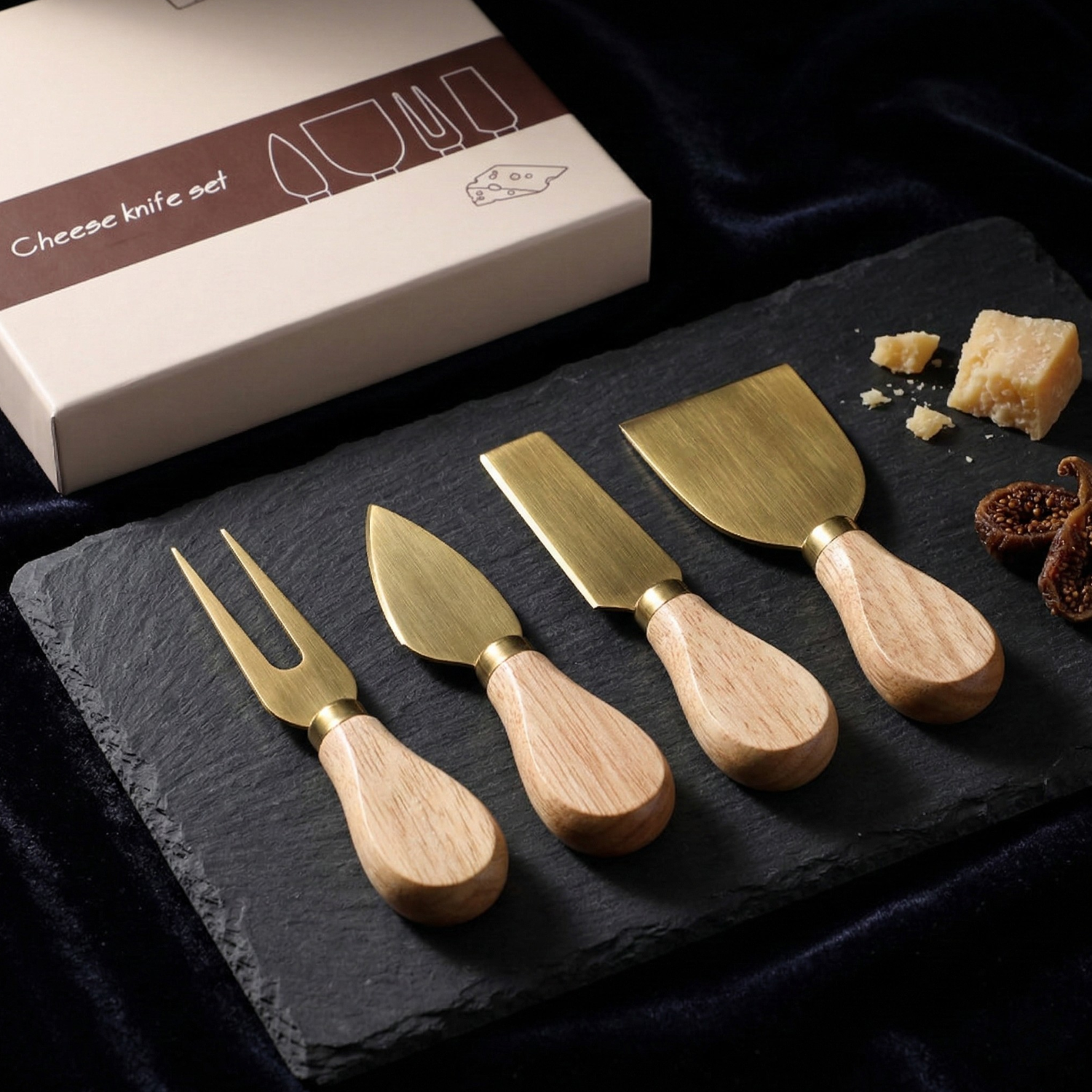 4-Piece Cheese Knife Set with Wooden Handles Stainless Steel Cheese Cutter Set (Gold or Silver)