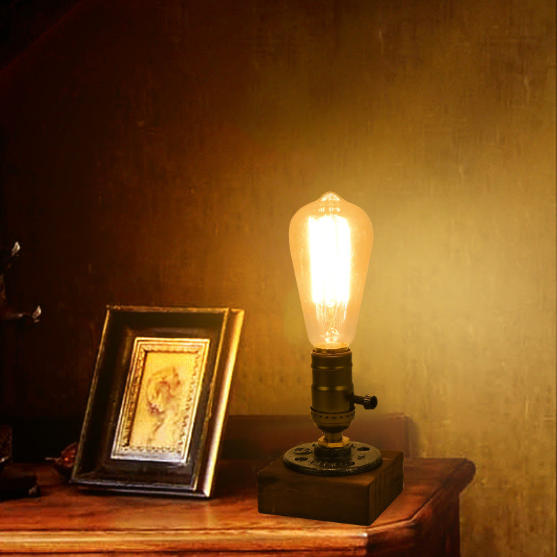 Industrial Steampunk Wooden Bedside Table Lamp - LED Nightstand Light with Warm Ambient Glow