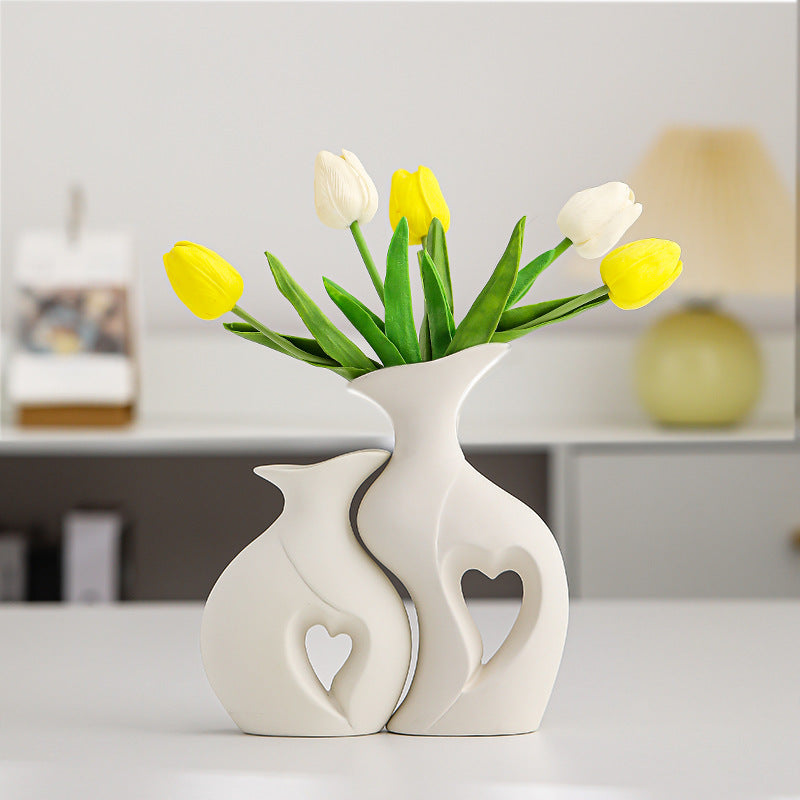 Sun Lake Supply Ceramic Heart Flower Vase ? Modern Sculptural Home Decor 2pc Set