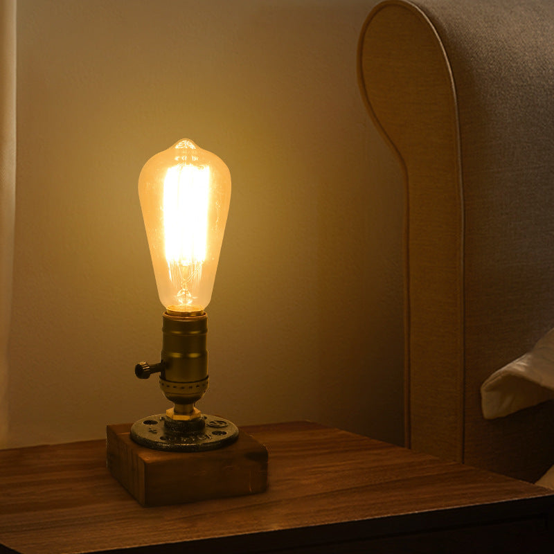 Industrial Steampunk Wooden Bedside Table Lamp - LED Nightstand Light with Warm Ambient Glow