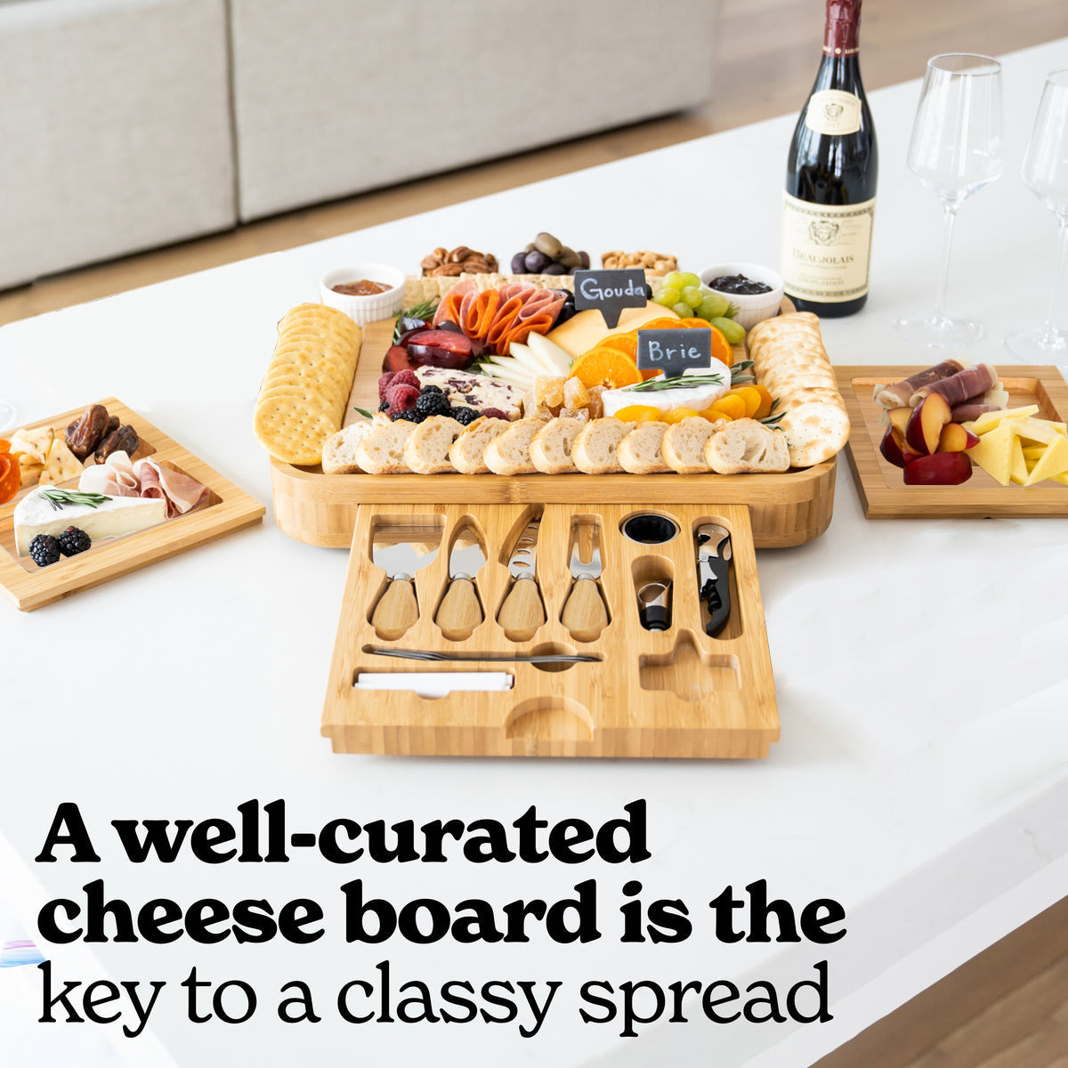 Sun Lake Supply Bamboo Four-Drawer Cheese & Charcuterie Board Complete Serving Set