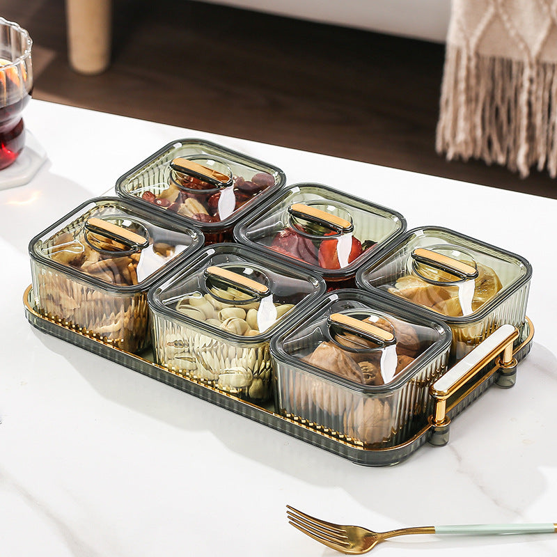 Elegant Divided Snack Tray with Lids | Appetizer & Nut Serving Set | 3/4/6 Compartments | Amber Gold & Emerald Green | Retro Luxury Style
