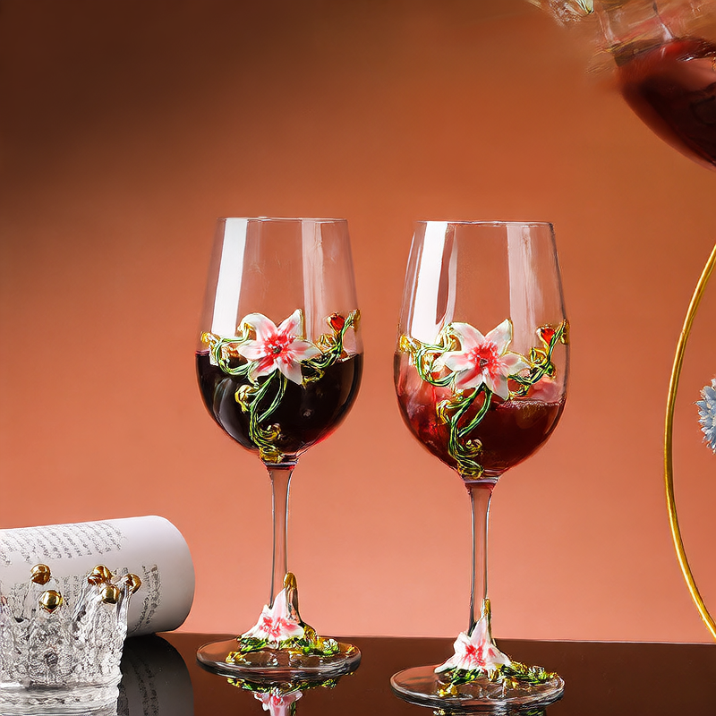 Sun Lake Supply Floral Enamel Designed Wine Glass Set