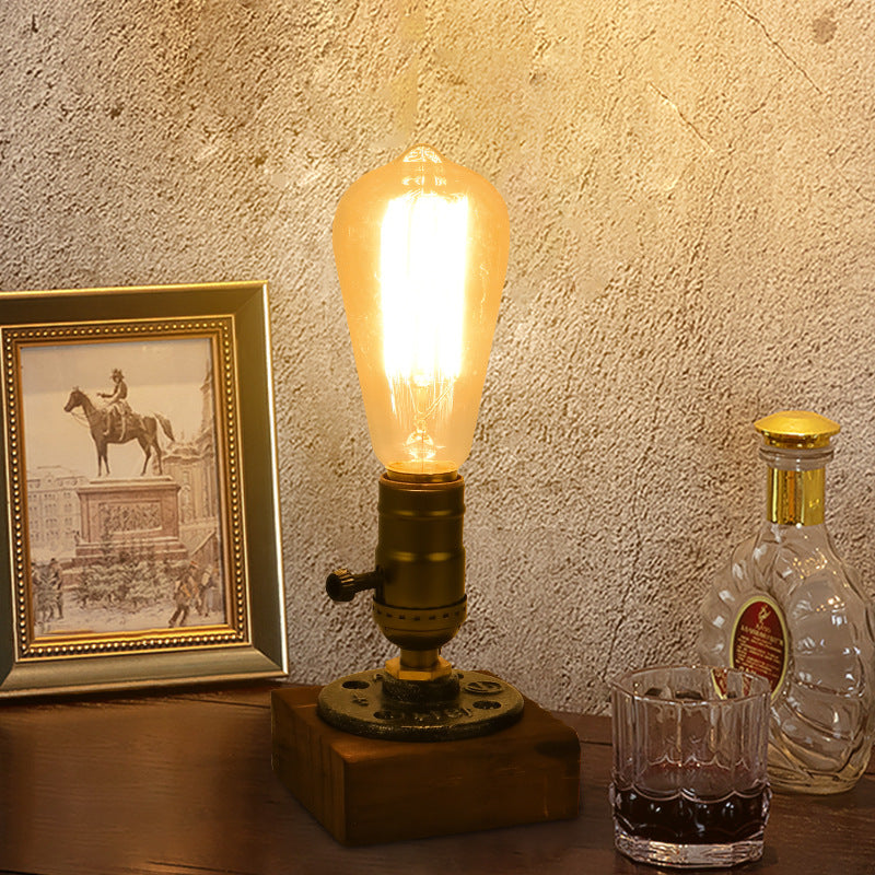 Industrial Steampunk Wooden Bedside Table Lamp - LED Nightstand Light with Warm Ambient Glow