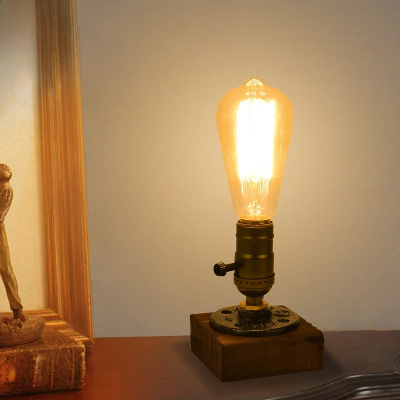 Industrial Steampunk Wooden Bedside Table Lamp - LED Nightstand Light with Warm Ambient Glow