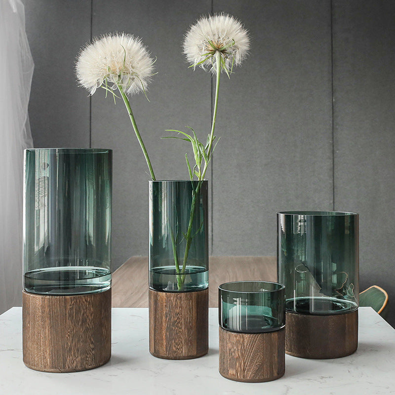 Sun Lake Supply Modern Glass & Wood Cylinder Vase Minimalist Nordic Table Flower Vase