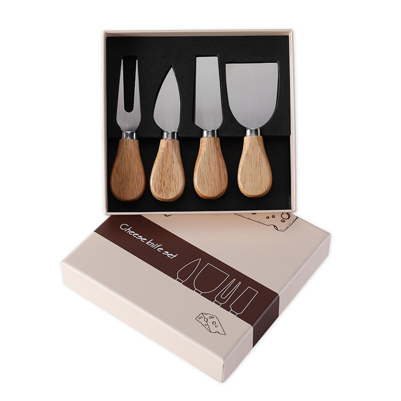 Silver 4-piece cheese knife set in gift box with wooden handles