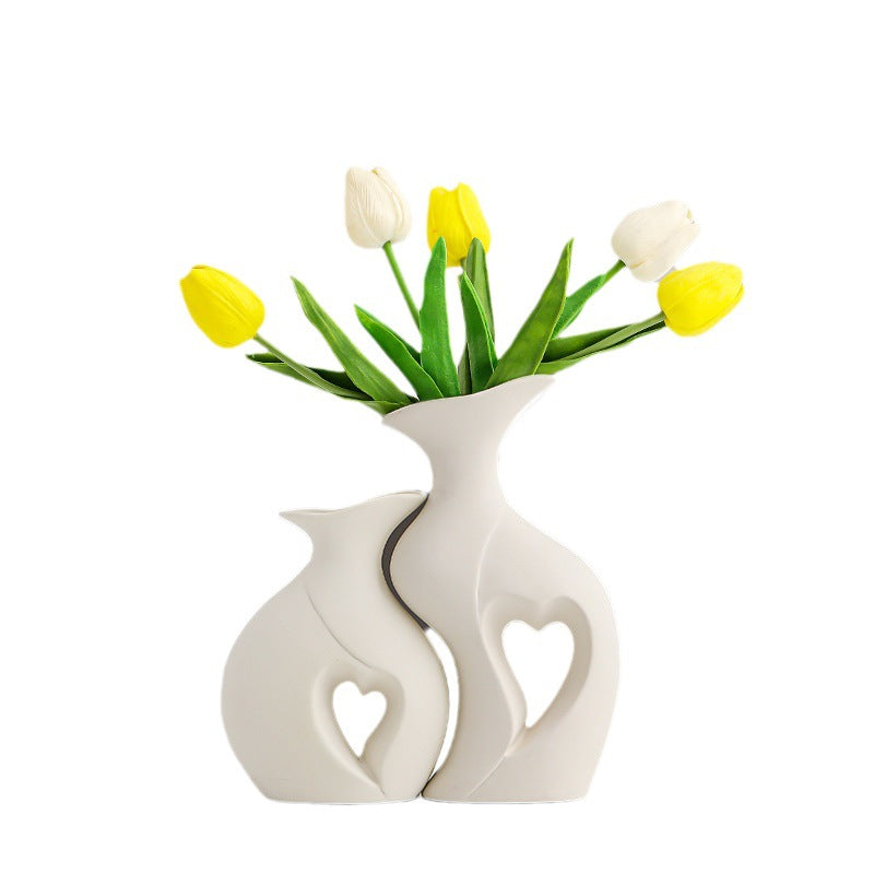 Sun Lake Supply Ceramic Heart Flower Vase ? Modern Sculptural Home Decor 2pc Set