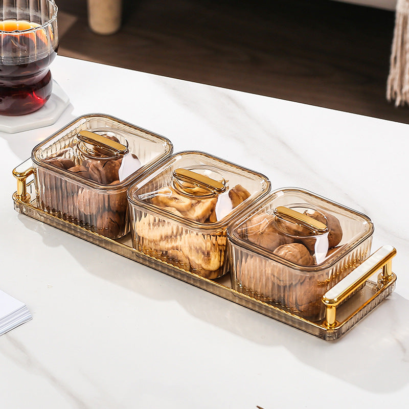 Elegant Divided Snack Tray with Lids | Appetizer & Nut Serving Set | 3/4/6 Compartments | Amber Gold & Emerald Green | Retro Luxury Style