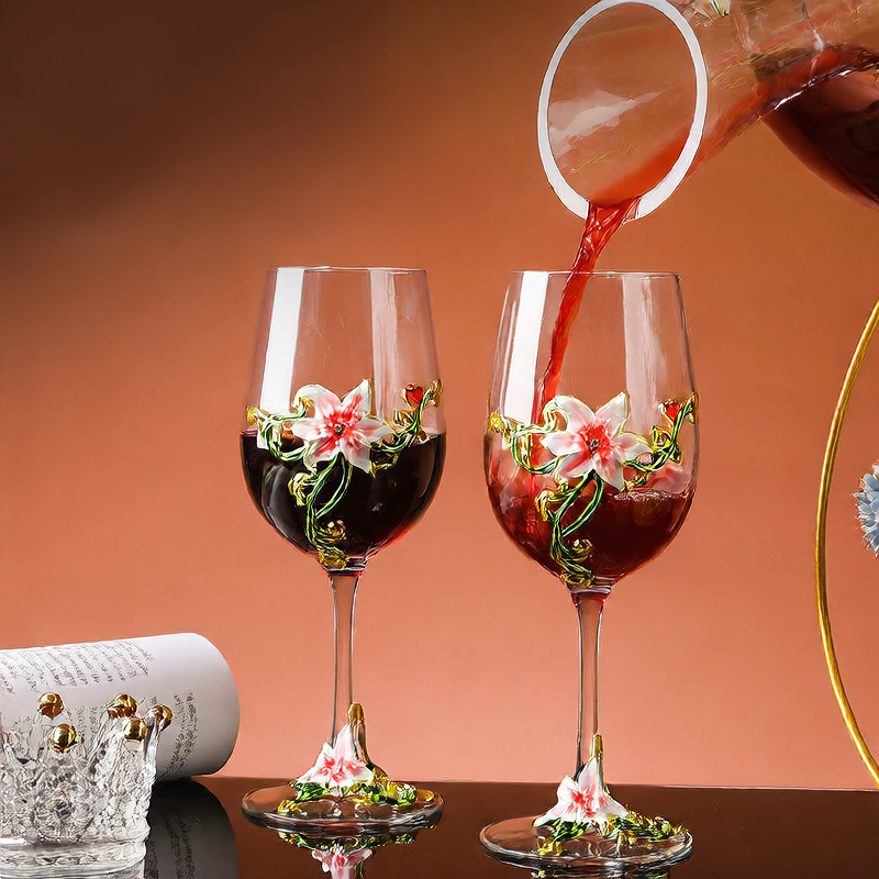 Sun Lake Supply Floral Enamel Designed Wine Glass Set