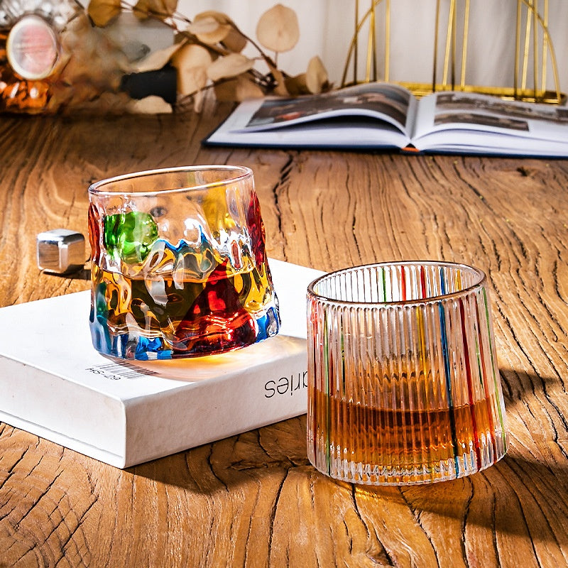 Rotating Pattern Whiskey Glass with Wooden Base