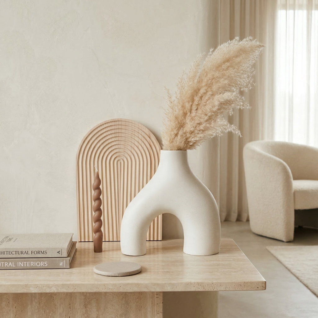 Stone White abstract ceramic arch vase with arch cutout opening and dried stems