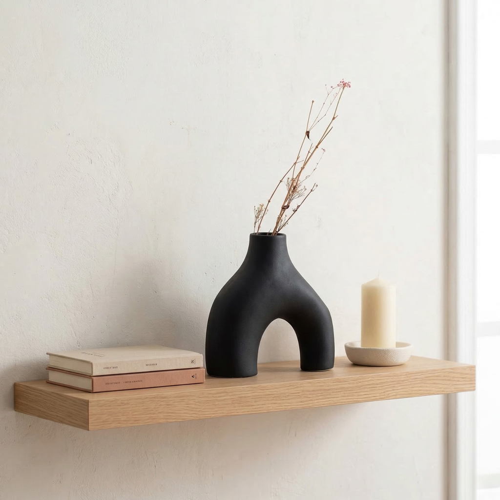 Carbon Black abstract arch ceramic vase with arch cutout opening on shelf