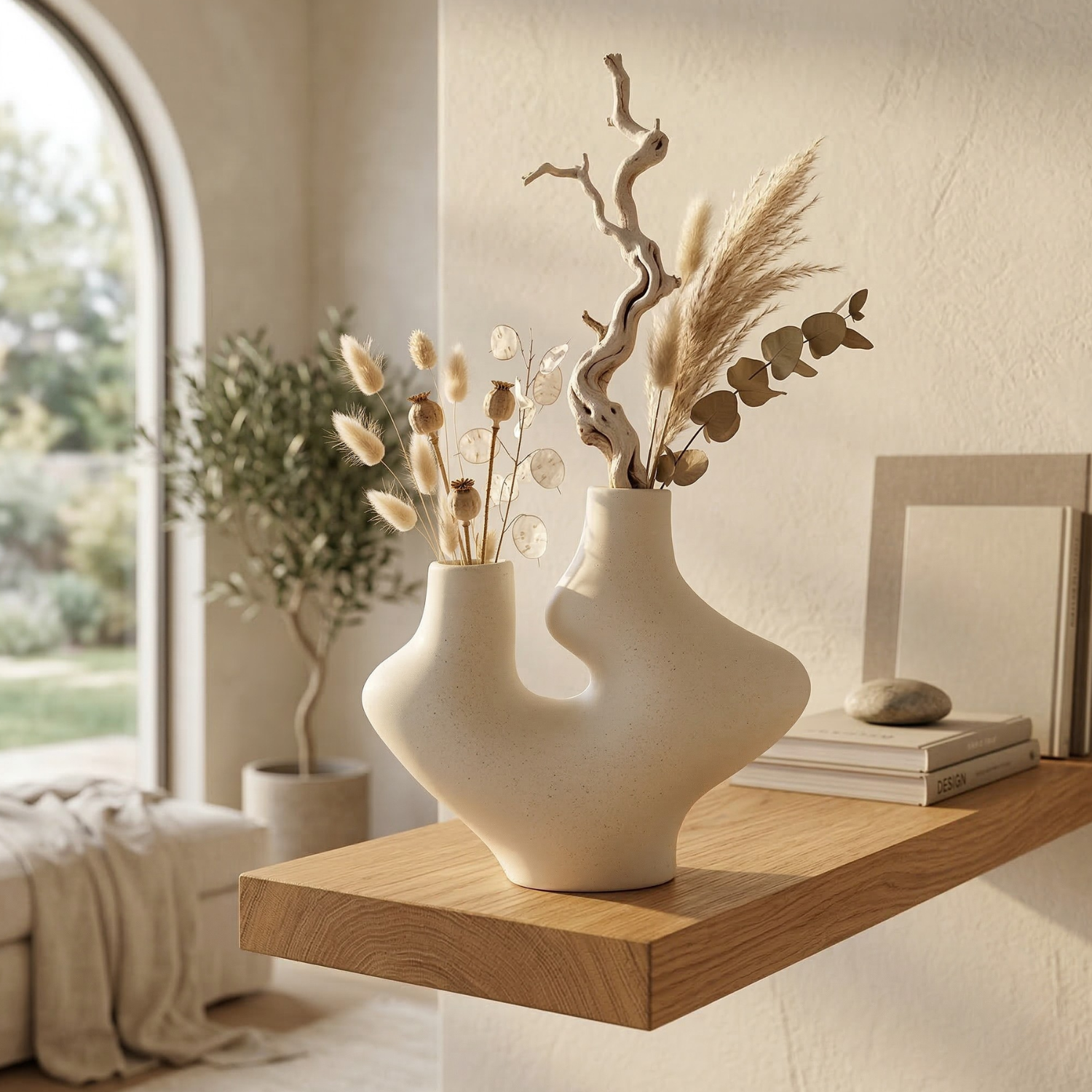 Abstract Dual Neck Sculptural Ceramic Vase – Modern Minimalist Decor (Obsidian Black or Ivory White)