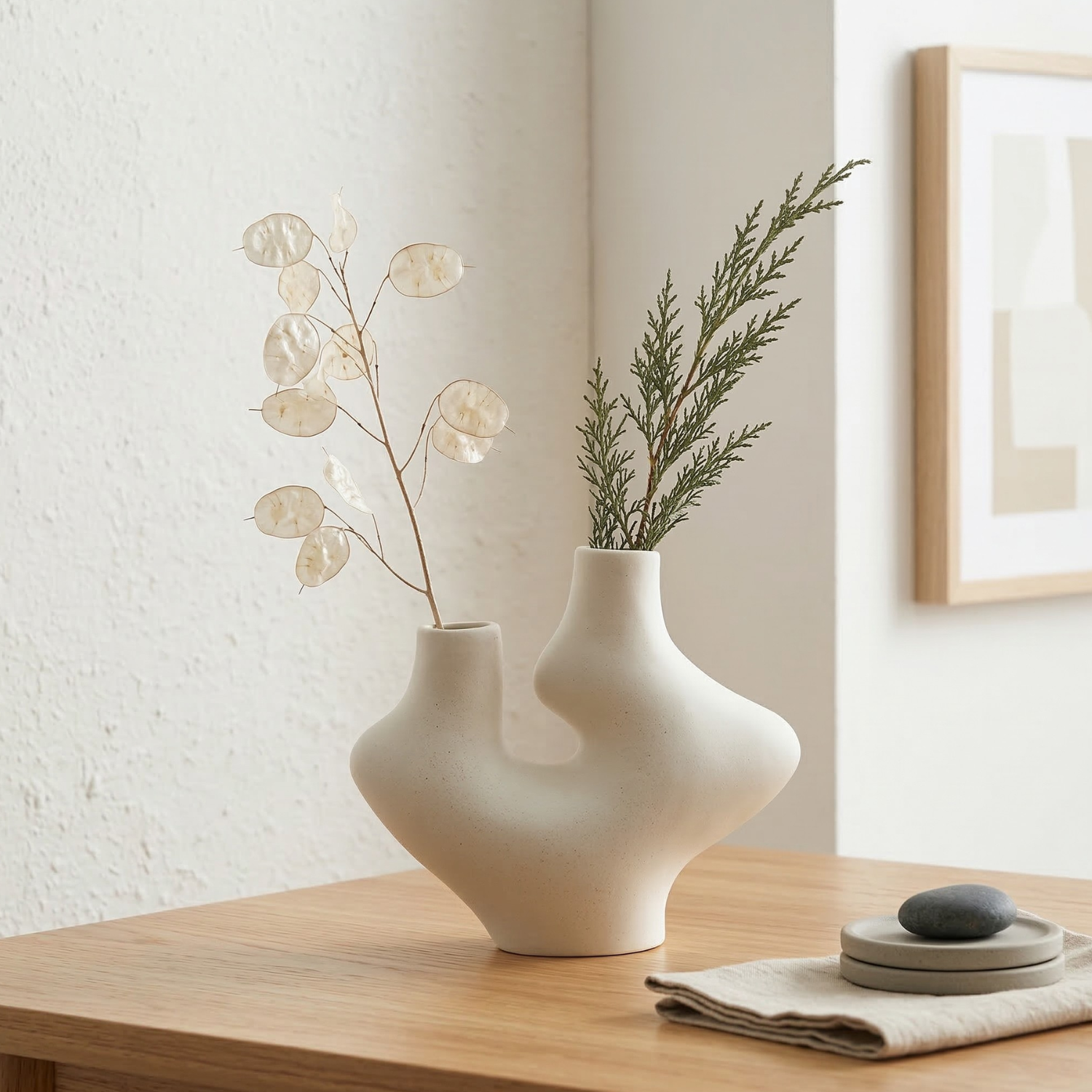 Abstract Dual Neck Sculptural Ceramic Vase – Modern Minimalist Decor (Obsidian Black or Ivory White)