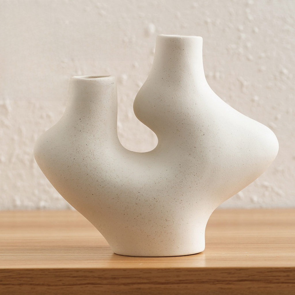 Abstract Dual Neck Sculptural Ceramic Vase – Modern Minimalist Decor (Obsidian Black or Ivory White)