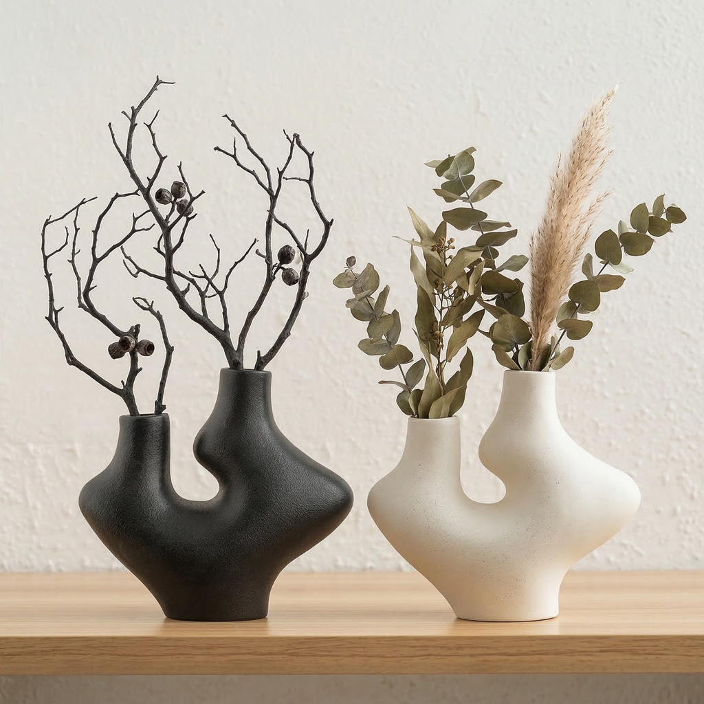 Abstract Dual Neck Sculptural Ceramic Vase – Modern Minimalist Decor (Obsidian Black or Ivory White)