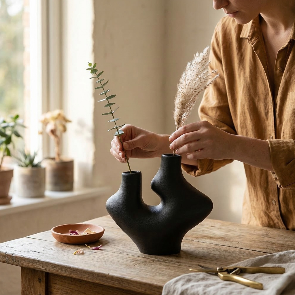Abstract Dual Neck Sculptural Ceramic Vase – Modern Minimalist Decor (Obsidian Black or Ivory White)