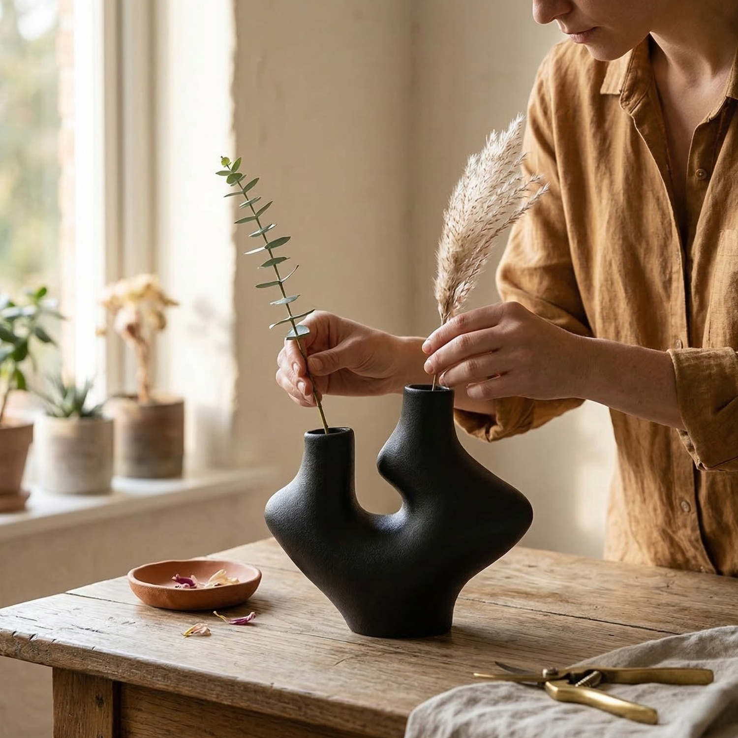 Abstract Dual Neck Sculptural Ceramic Vase – Modern Minimalist Decor (Obsidian Black or Ivory White)