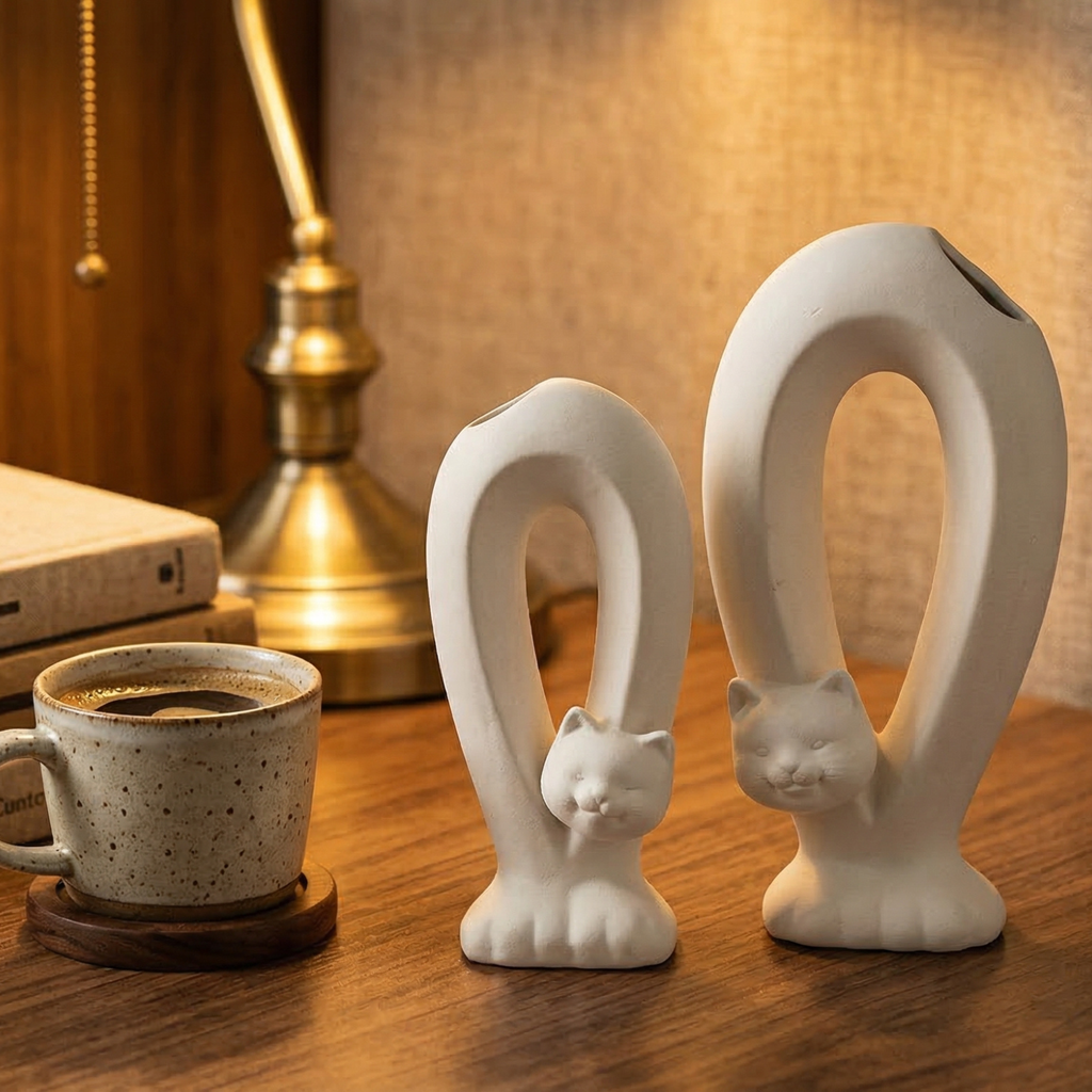 Abstract Cat Ceramic Vase Set (2-Piece) – Modern Sculptural Decor in Ivory White or Obsidian Black