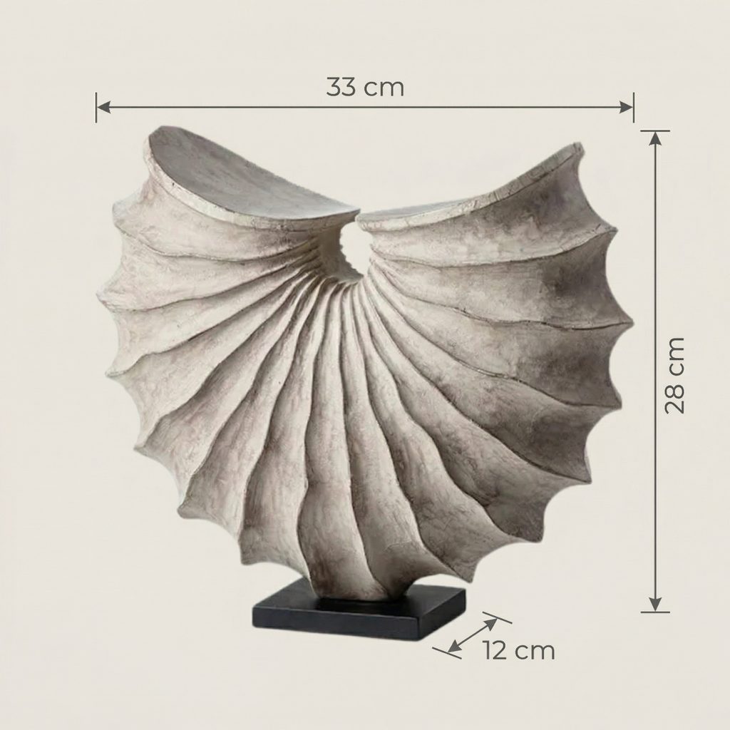 Decorative shell sculpture with dimensions on a beige background