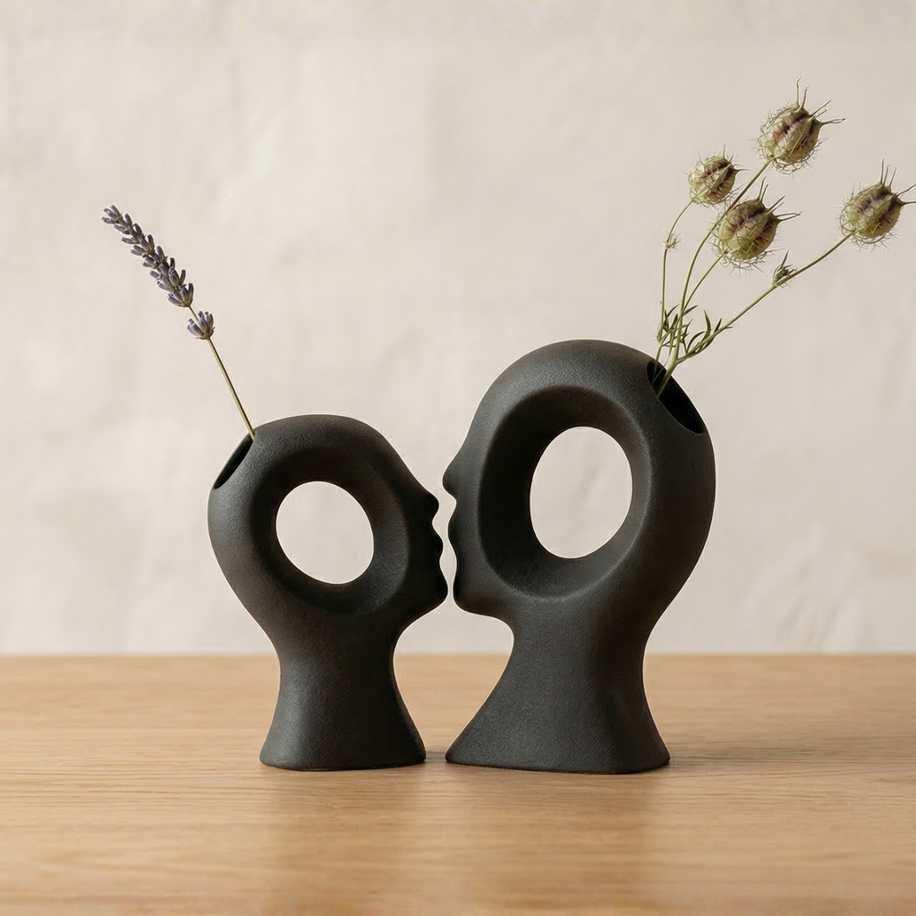 Obsidian black couple ceramic vases with sculptural ring openings and dried lavender sprigs